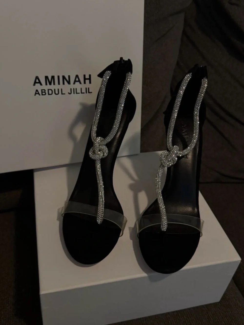 ‼️WOW‼️Amina Muaddi Black Satin Stiletto Sandals with Crystal Ankle Tie